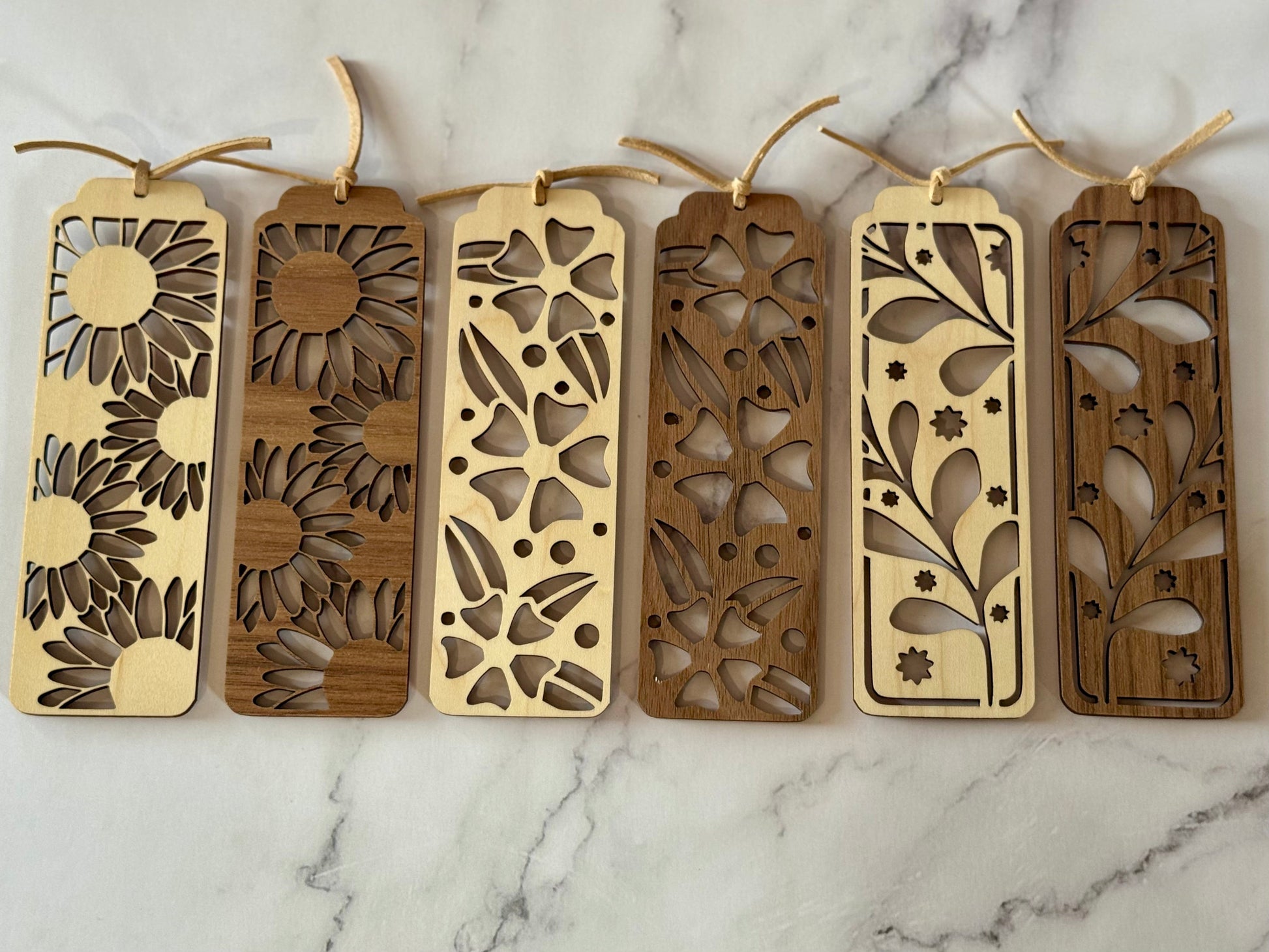 Floral Wooden Bookmarks with leather tassel