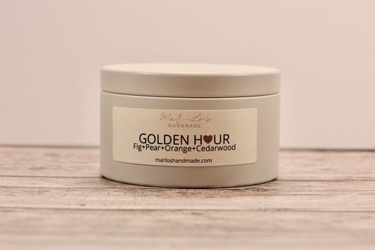 Golden Hour Candle Tin-Fig, Pear, Orange, Cedarwood