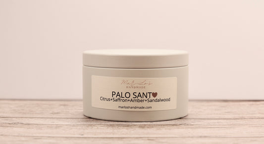 Palo Santo 5 oz candle tin Citrus, Sandalwood, Amber, Saffron