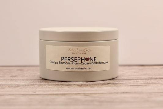 Persephone Candle Tin-Orange Blossom, Plum Cedar Wood, Bamboo