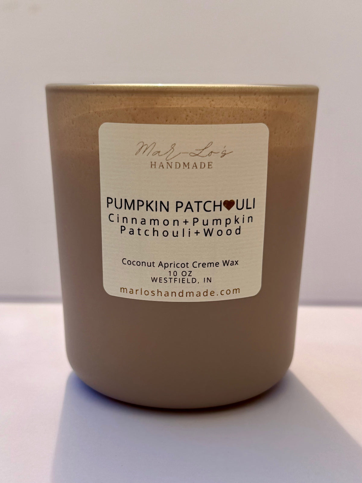 Pumpkin Patchouli 10 oz matte stonewash candle, wooden wick
