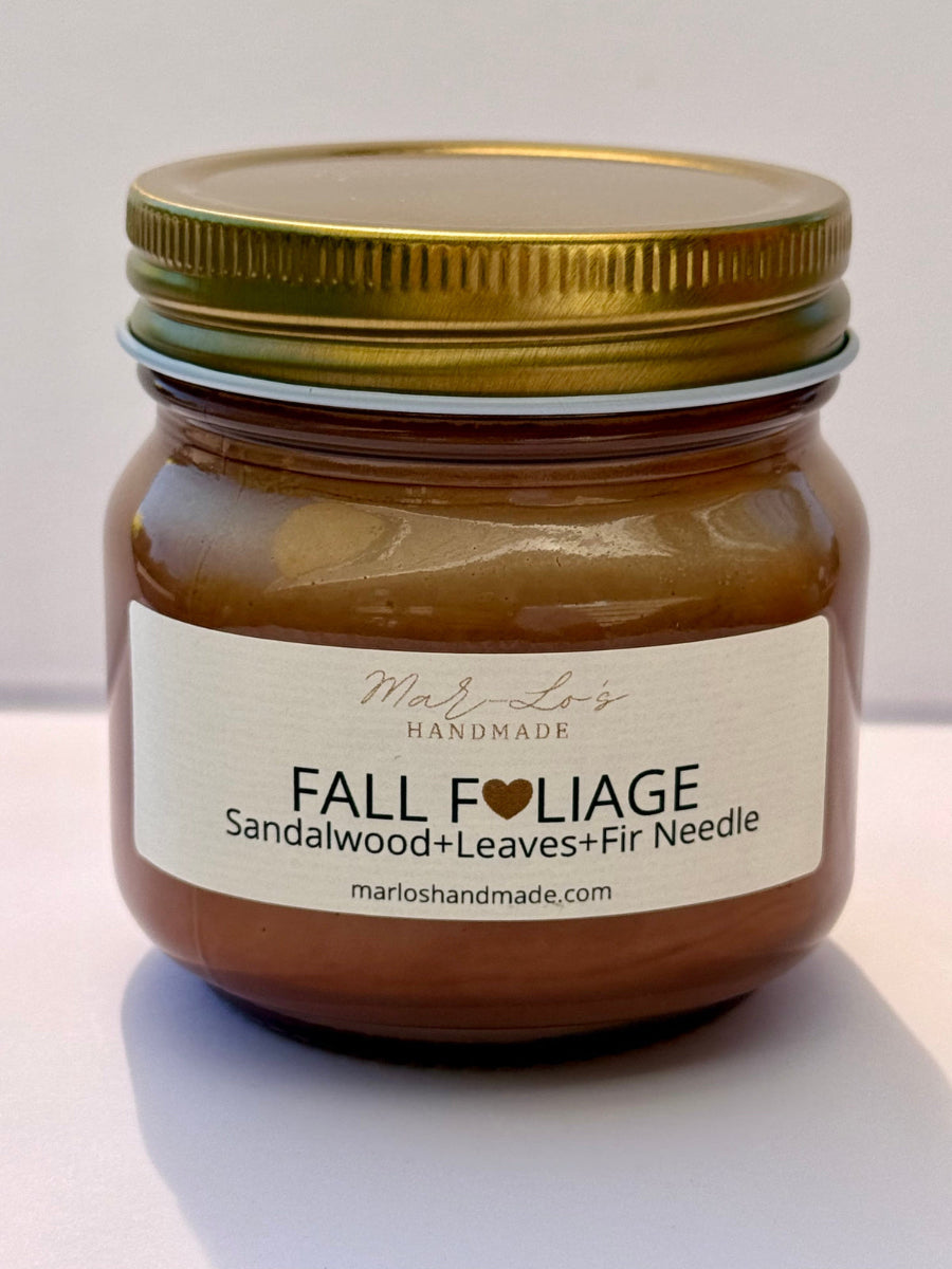 Fall Foliage Candle 7 oz brown mason jar with gold lid and wooden wick