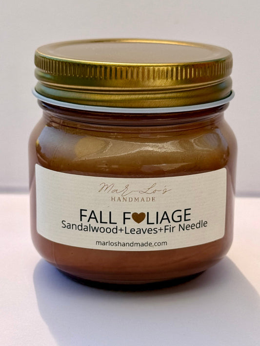 Fall Foliage Candle 7 oz brown mason jar with gold lid and wooden wick