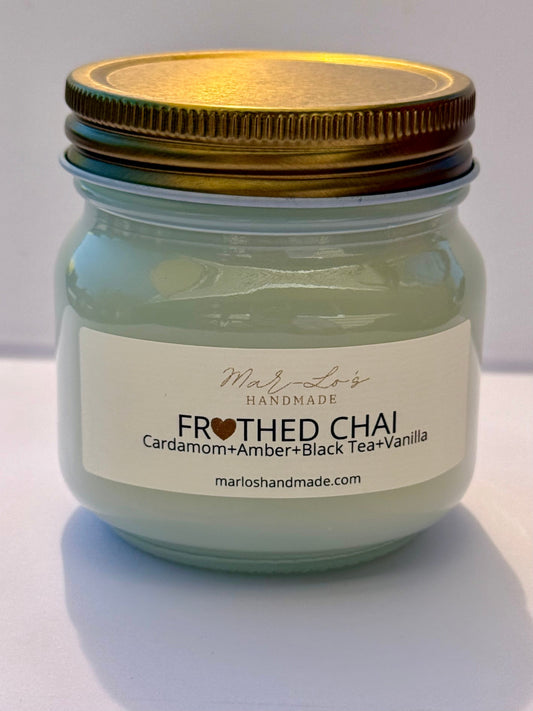 Frothed Chai 7 oz White Mason Jar Candle  with gold lid and wooden wick