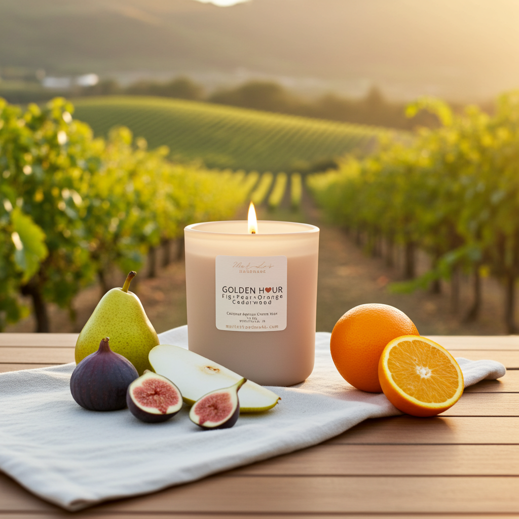 Candle labeled 'Golden Hour' with fruits on a wooden table in a vineyard setting