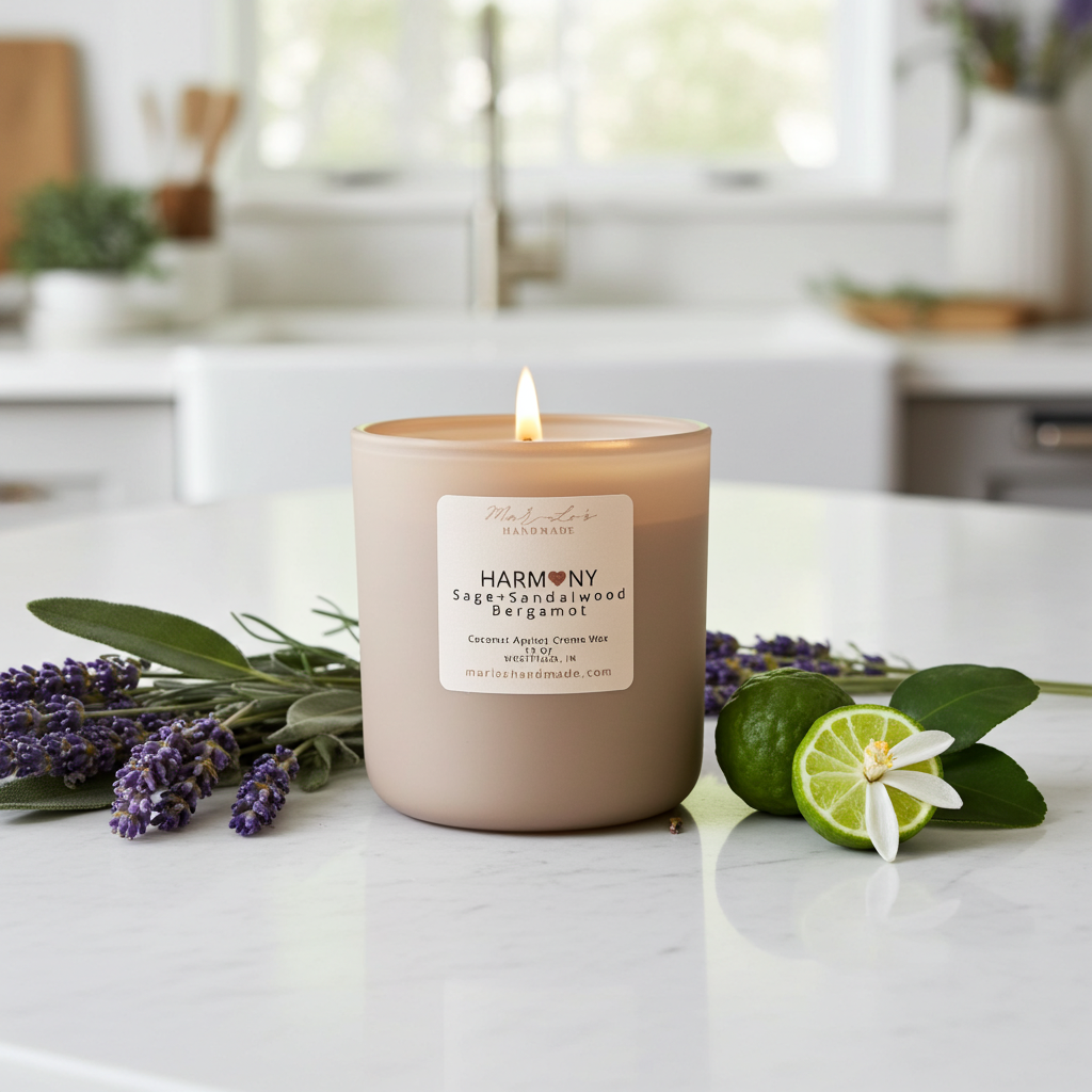 Candle labeled 'Harmony' on a kitchen counter with flowers and bergamot fruit