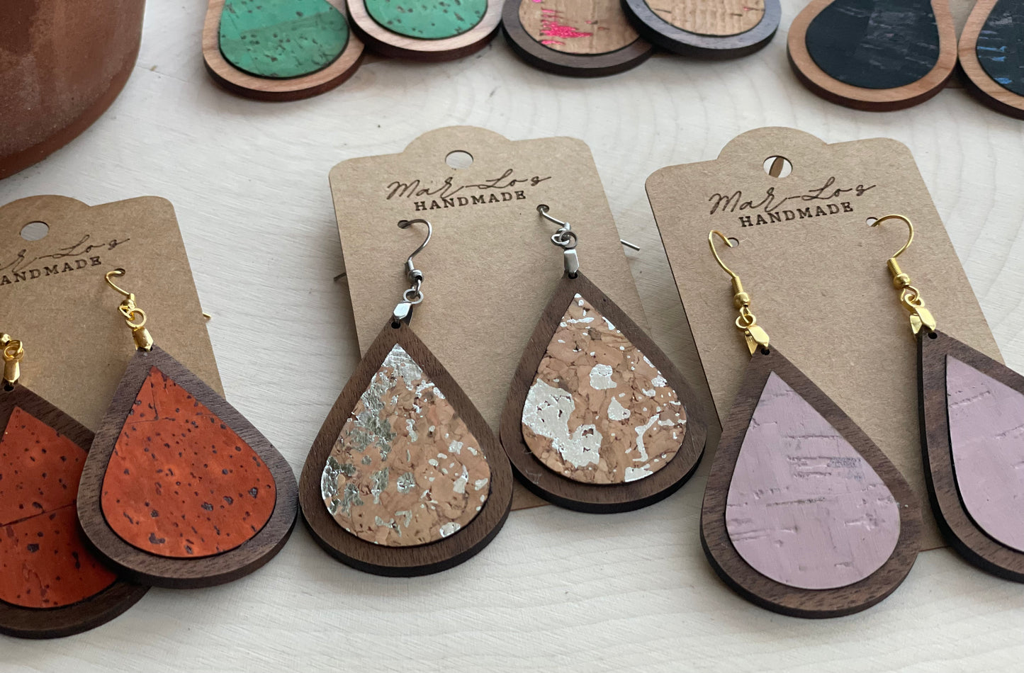 Colorful Cork Inlay and Wood Earrings