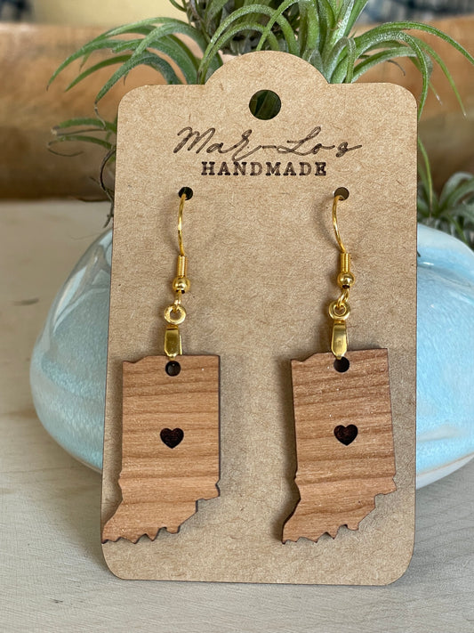 State of Indiana Wood Dangle Love Earrings