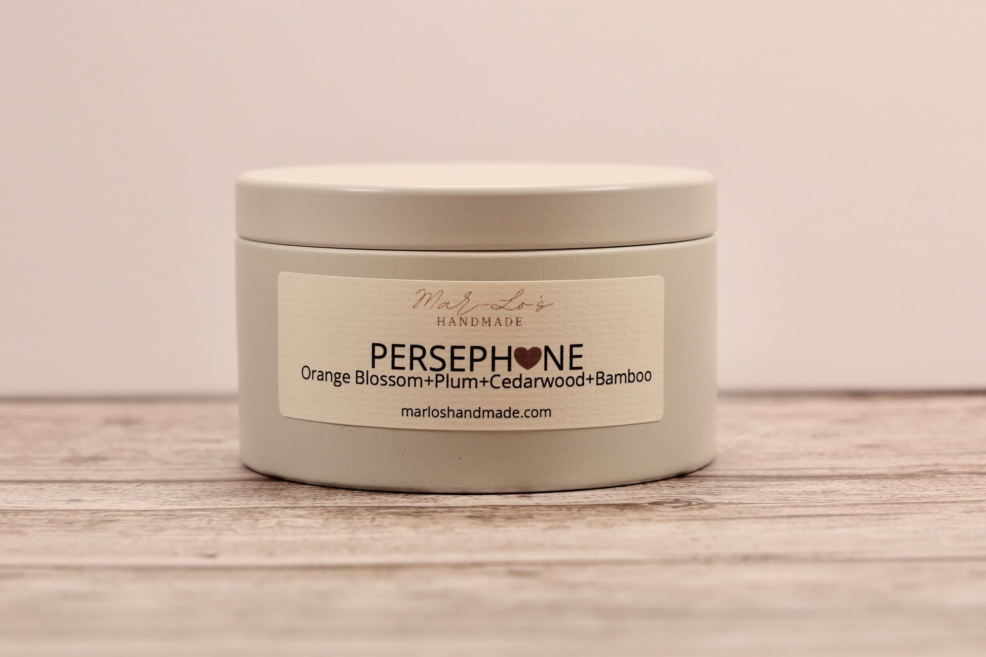 Persephone Candle Tin-Orange Blossom, Plum Cedar Wood, Bamboo